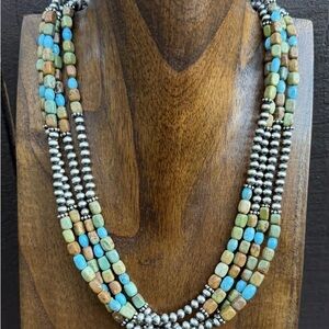 Sterling Silver Multi Strand Blue Green Turquoise Nuggets Pearls Bead Necklace